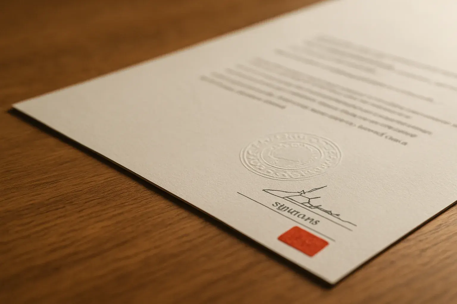 A certified translation with an embossed seal and signature block, photographed close-up on a desk.