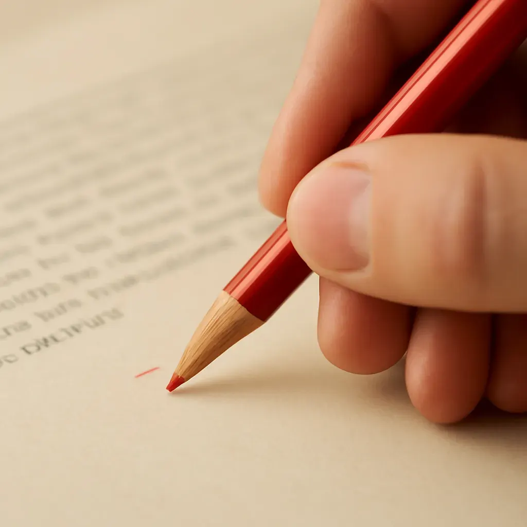 A hand annotating a printed translation with a red pencil during the independent revision step.