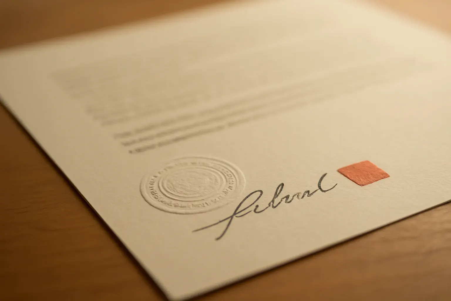 A certified translation with an embossed seal and signature block on a desk.