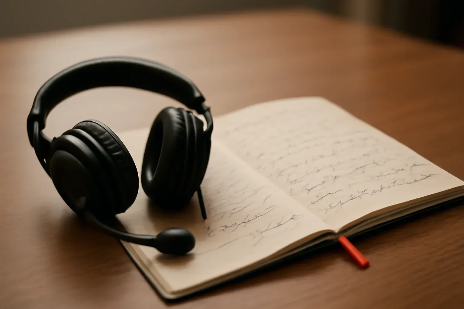 An interpreter’s headset and notepad with shorthand at a meeting table.