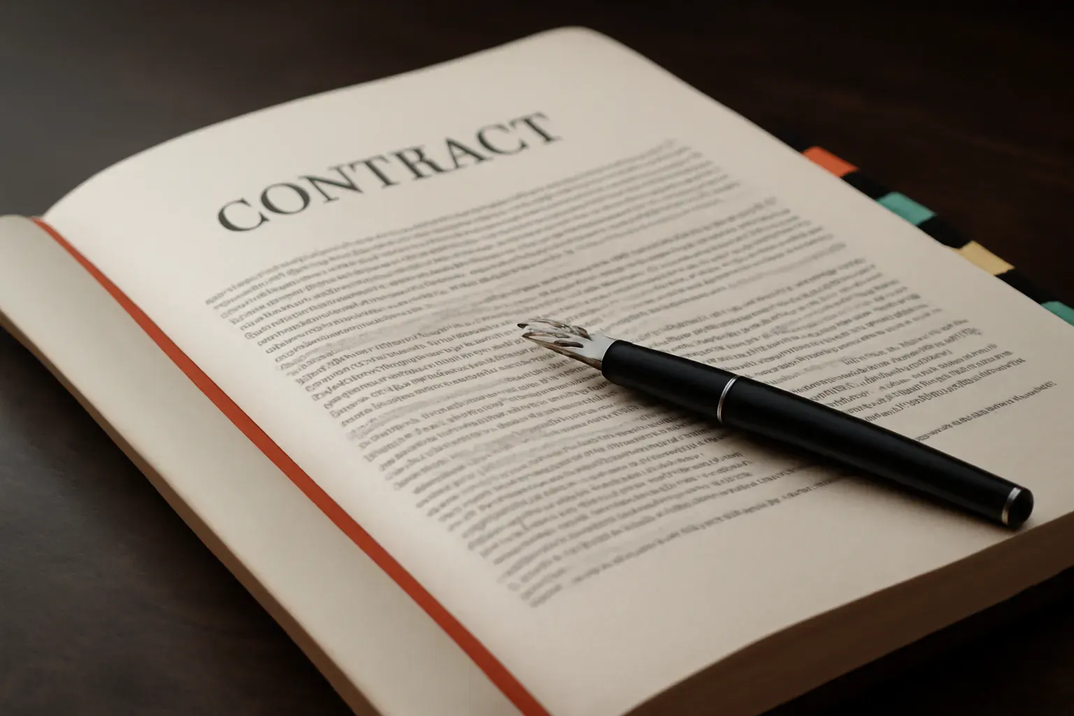 A bound contract with tabbed pages and a fountain pen.