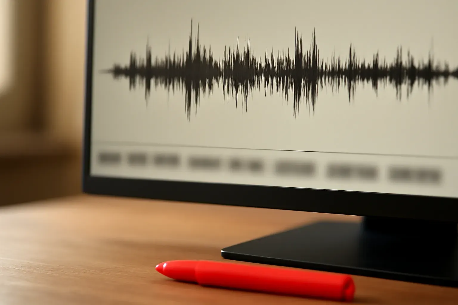 A waveform on a screen with timecoded subtitle lines.